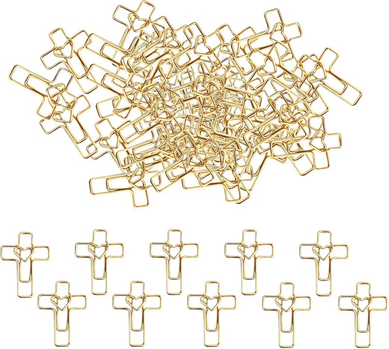 ajabavbd 100PCS Gold Heart Cross Paper Clips, Heart Cross - Bible Study Supplies, christian gifts for women Jesus Bible Stuff bookmark journaling supplies accessories, easter eggs fillers, valentines day cards - Image 1